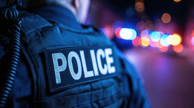 Close-up of a police officers uniform with the word POLICE visible.