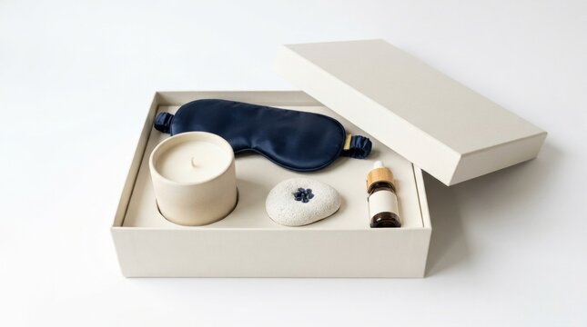 Luxury sleep wellness gift set featuring a dark blue silk eye mask candle and essential oil bottle