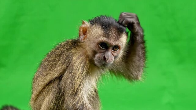 Cute baby monkey crawling and looking around curiously on a bright green screen background for easy compositing