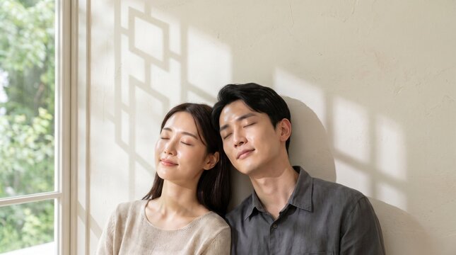 Peaceful Young Asian Couple Relaxing with Eyes Closed in Warm Sunlight at Home
