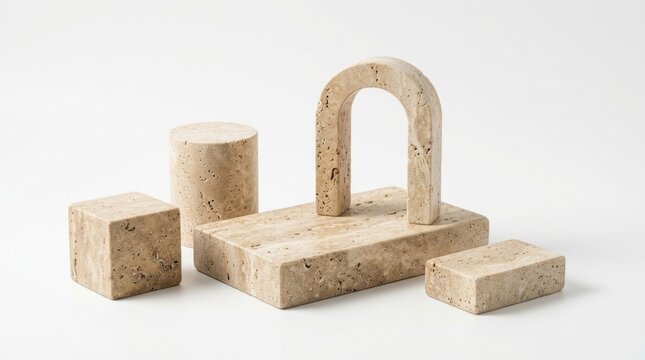 Minimalist composition of natural cork geometric shapes and podiums for product display on a clean white background