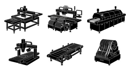 Obraz premium Industrial manufacturing machinery and conveyor belt icons set