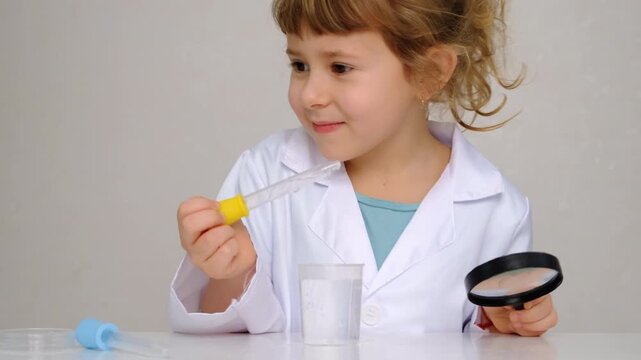 Laboratory examination of a child with test tubes, reagents and a microscope. Selective focus.