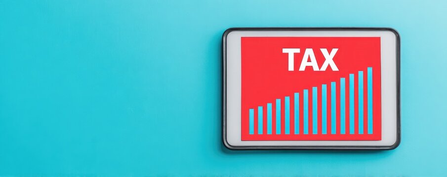 Digital tablet displaying rising tax graph on red screen against blue background representing increasing fiscal burdens and economic trends