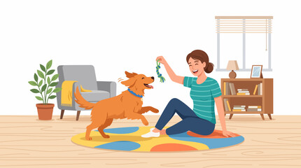 Fototapeta premium Woman Playing with Dog: A woman happily plays with her golden retriever dog indoors, a toy between them, creating a heartwarming scene of companionship and joy in a cozy living room.