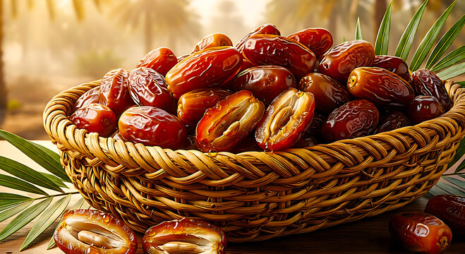 Sweet dried dates in a woven basket isolated on transparent background for food photography