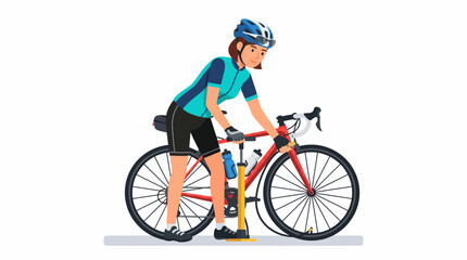Fototapeta premium Cyclist preparing bike: A female cyclist in a helmet and athletic wear uses a bike pump to inflate the tire of her racing bicycle, preparing for a ride.