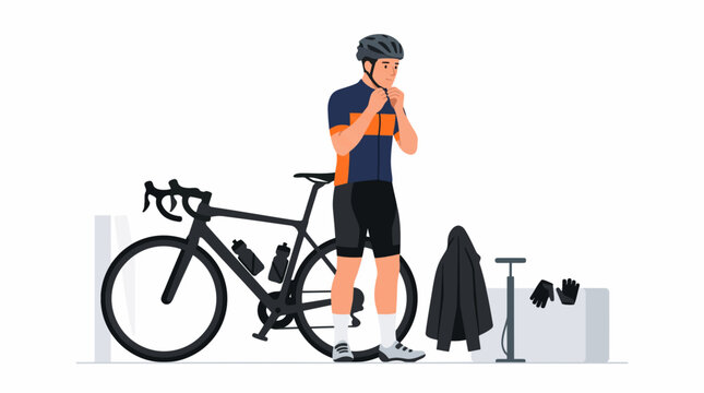 Cyclist Prepares for a Ride: A determined cyclist adjusts his helmet next to his sleek road bike, ready for an athletic adventure outdoors.