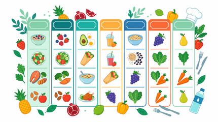 Fototapeta premium Healthy Eating Schedule: A colorful illustration showcasing a weekly meal plan with balanced, nutritious food options presented in a visually appealing grid.