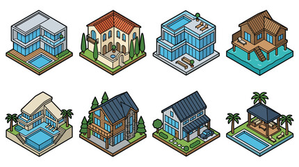 Fototapeta premium Isometric collection of modern villas and residential houses