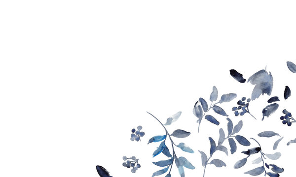ブルーの水彩ボタニカルフレーム・リース・ライン装飾セット　エレガントな植物デザイン素材
Elegant Blue Watercolor Botanical Frame, Border and Wreath Collection