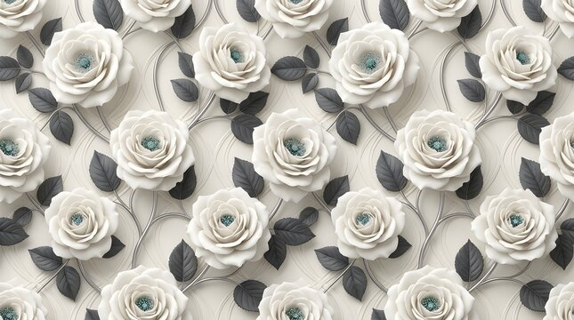Elegant 3D White Rose Pattern Seamless Background with Soft Floral Decorative Elements for Luxury Interior Wall Design