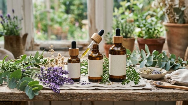 Amber glass bottles with essential oils and fresh herbs on a rustic wooden table in a greenhouse