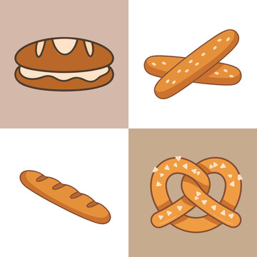 Assorted bakery items including bread and pretzel are displayed in a flat vector style for culinary menu design concepts.