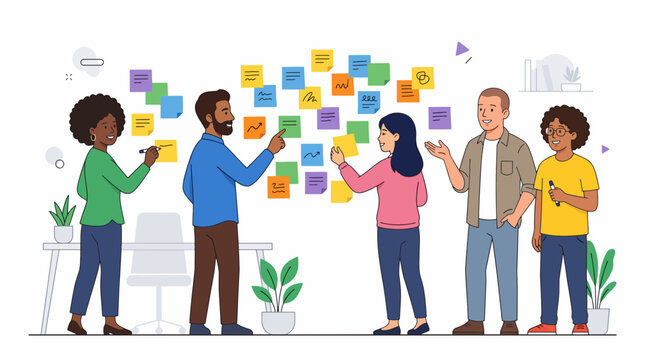 Creative Brainstorming Session: A diverse group of people collaborating around a colorful sticky note wall, brainstorming ideas and planning projects, fostering a spirit of innovation and teamwork.