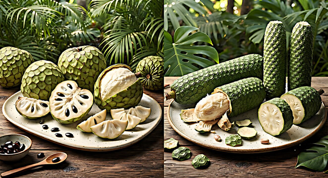 Assorted tropical fruits cherimoya and monstera isolated on transparent background set