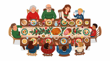 Fototapeta premium Christmas Feast: A joyous family gathers around a beautifully decorated table laden with festive food for a holiday meal, embodying warmth and togetherness.