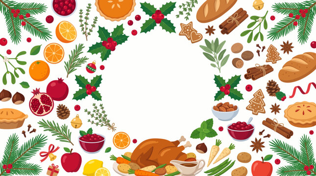 Festive Feast Border: A vibrant and bountiful collection of Christmas-themed food and decorations, including a roasted turkey, pies, fruits, and evergreen sprigs, forms a circular border.