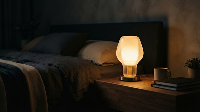 Modern glowing bedside lamp on a wooden nightstand in a cozy bedroom