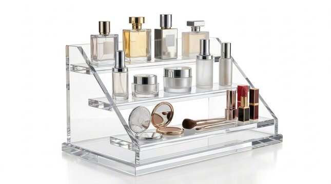 Clear acrylic tiered display stand holding various luxury perfume bottles and cosmetic beauty products on white background