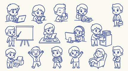 Fototapeta premium Collection of cute cartoon business people in various office and work-related activities, drawn in a simple blue line art style on a textured background.