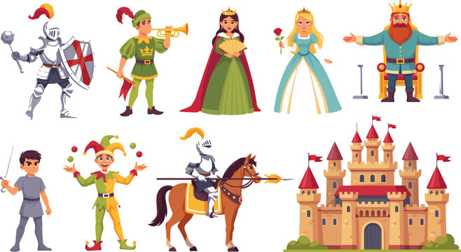 Medieval kingdom royal castle and fairy tale characters vector cartoon setMedieval kingdom royal castle and fairy tale characters vector cartoon set