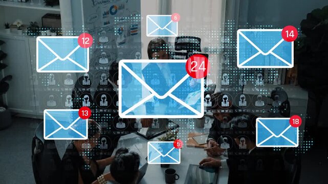 Digital email notifications concept showing various unread emails with numbers overlaid on laptop workspace and blurred office background Sigmoid