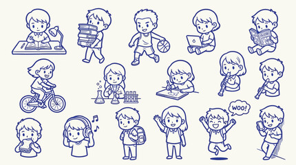 Fototapeta premium Collection of cute cartoon children engaged in various educational and recreational activities, depicted in a simple blue line drawing style.