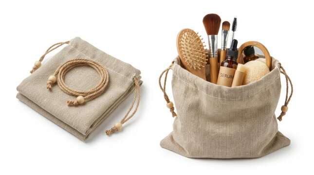 A small linen drawstring bag filled with various professional makeup brushes and cosmetic accessories on white background