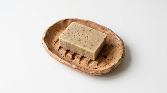 A rustic handmade rectangular bar of organic herbal soap resting on a textured brown clay soap dish