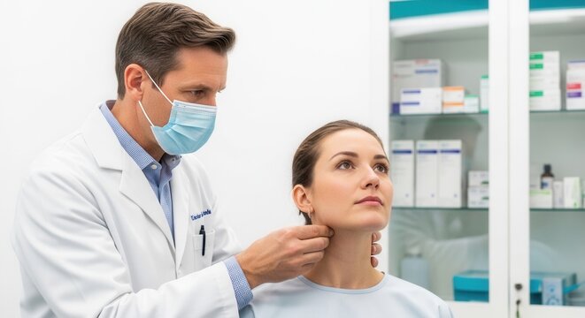 Doctor examining patient's neck and lymph nodes in a clinic with medical supplies in the background.