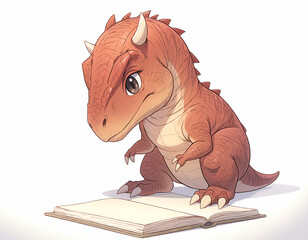 Cute Little Red Dinosaur Reading a Large Open Book, Whimsical Illustration of a Prehistoric Creature Learning © eidel