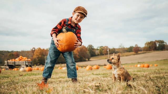 Happy young boy holding large ripe pumpkin in hands while playing in grassy field with small cute dog on bright autumn day at local countryside pumpkin patch.