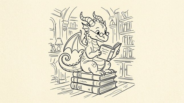 Green dragon reading book in library with stack of books