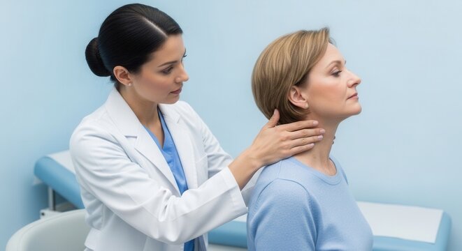 Doctor examines patient's neck for thyroid or lymph node issues during medical consultation in clinic