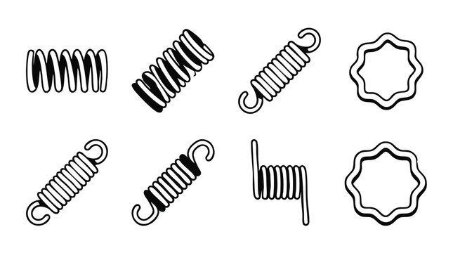 Mechanical metal spring icon set black and white line art