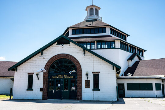 Wausau, Wisconsin, USA - Jul 12 2026: The historic stock judging pavilion at the Marathon County Fairgrounds (located within Marathon Park.)