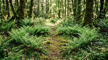 Obraz premium Sunlight filters through a dense forest, illuminating a mossy path winding through ferns and lush greenery. Towering trees surround the path, their trunks covered in vibrant green moss.
