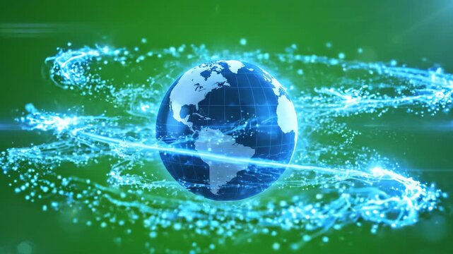 Digital sports broadcast background with spinning globe and vibrant blue glowing light trails on chroma key green screen background