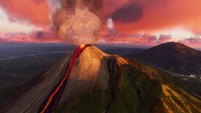 3D - Circular aerial view at sunset of Mount Merapi eruption in Boyolali Regency. Central Java. Indonesia