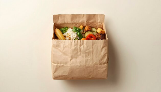 Paper food bag with assorted takeaway meals top view minimal layout for delivery branding mockup