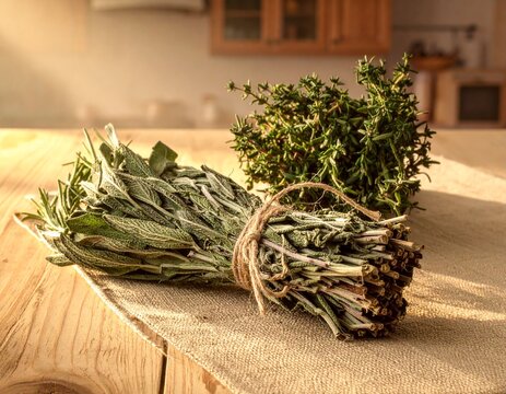 Sage and rosemary bundles tied with twine on a rustic wood table.
