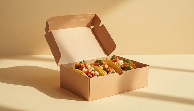 Open kraft paper food box with tacos angled composition natural lighting for street food branding mockup