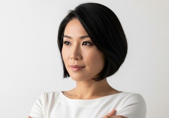Obraz premium Young asian woman with short black hair looking to the side