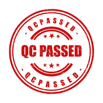 Red round rubber stamp with the text qc passed for quality control approval isolated on transparent background