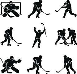 Naklejka premium Ice Hockey Players in Dynamic Poses with Sticks and Pucks in Silhouette Style