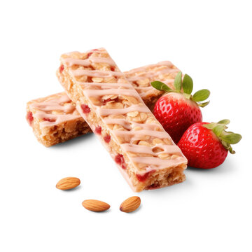 Three strawberry protein bars are arranged on a png transparent. The bars are coated with a pink glaze and topped with fresh strawberries and almond slivers.