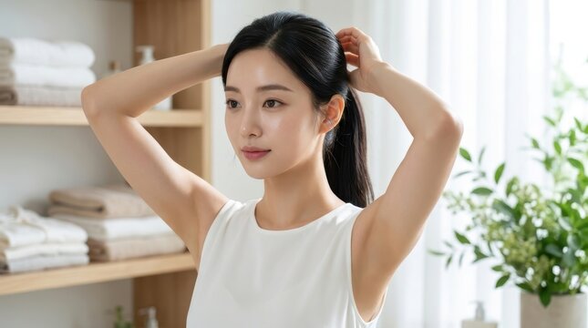 Young asian woman tying her hair in a ponytail in a bright bathroom