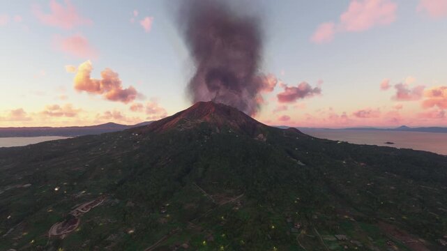 3D - Circular aerial shot at sunset of Sakurajima volcano eruption in Kagoshima. Sakurajimaakamizucho. Japan