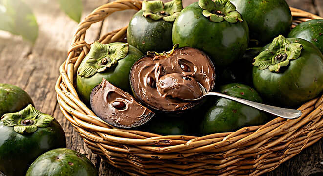 Black sapote fruit in a wicker basket isolated on transparent background for culinary projects